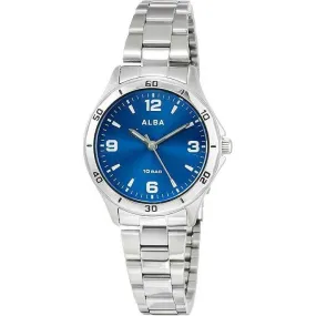 ALBA SPORTS ANALOG DOME INORGANIC GLASS SILVER STRAP BLUE DIAL LADIES WATCH AQQK409