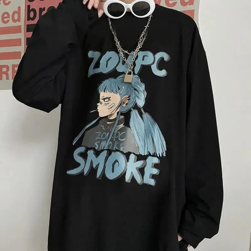 Anime and Happy Face Print Oversized Sweatshirt