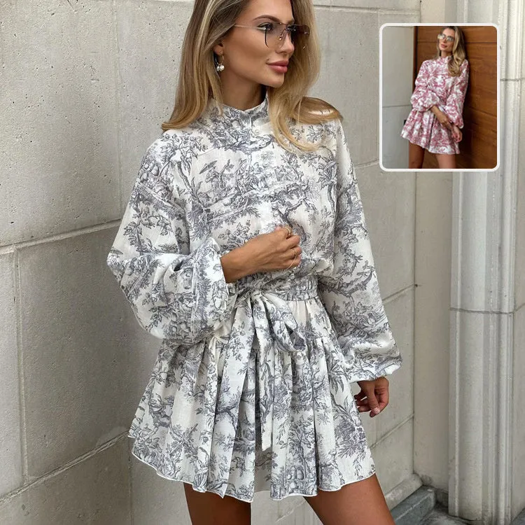 Beautiful Women Fashion Ink- Print Long Sleeve Short Dress