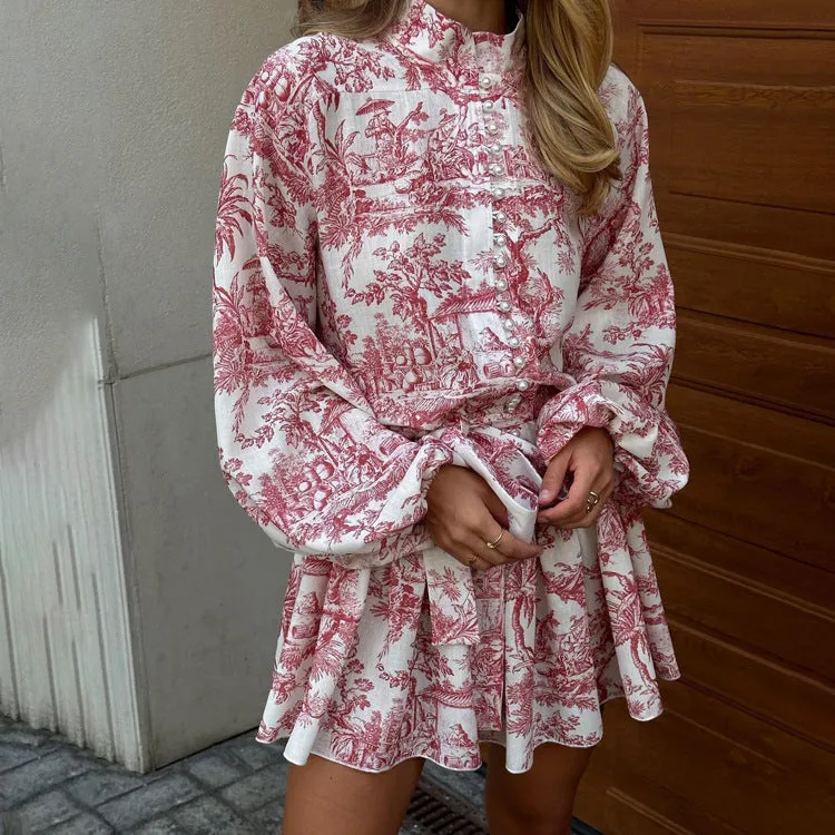 Beautiful Women Fashion Ink- Print Long Sleeve Short Dress