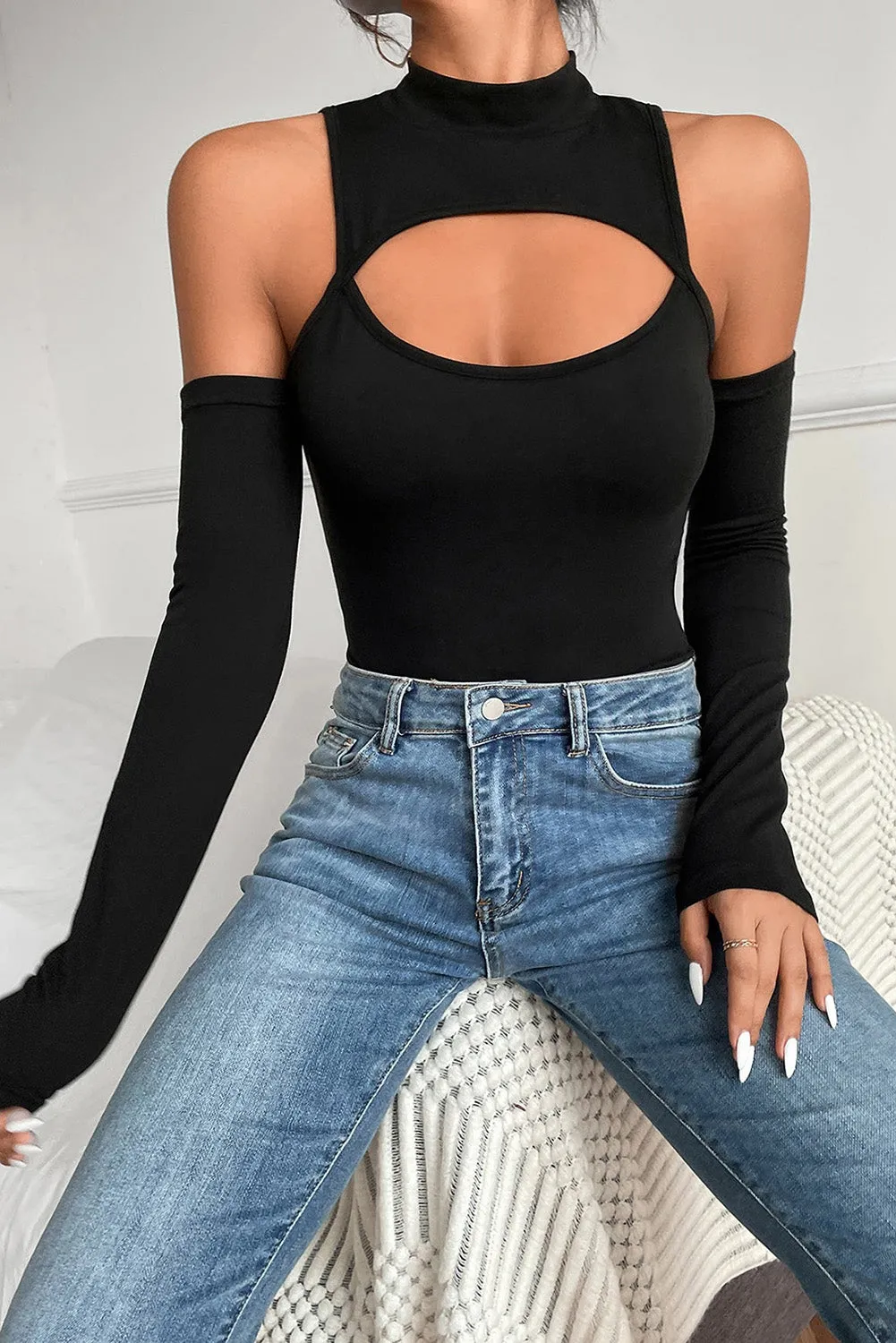 Black Fashion High Neck Cut Out Bodysuit Top