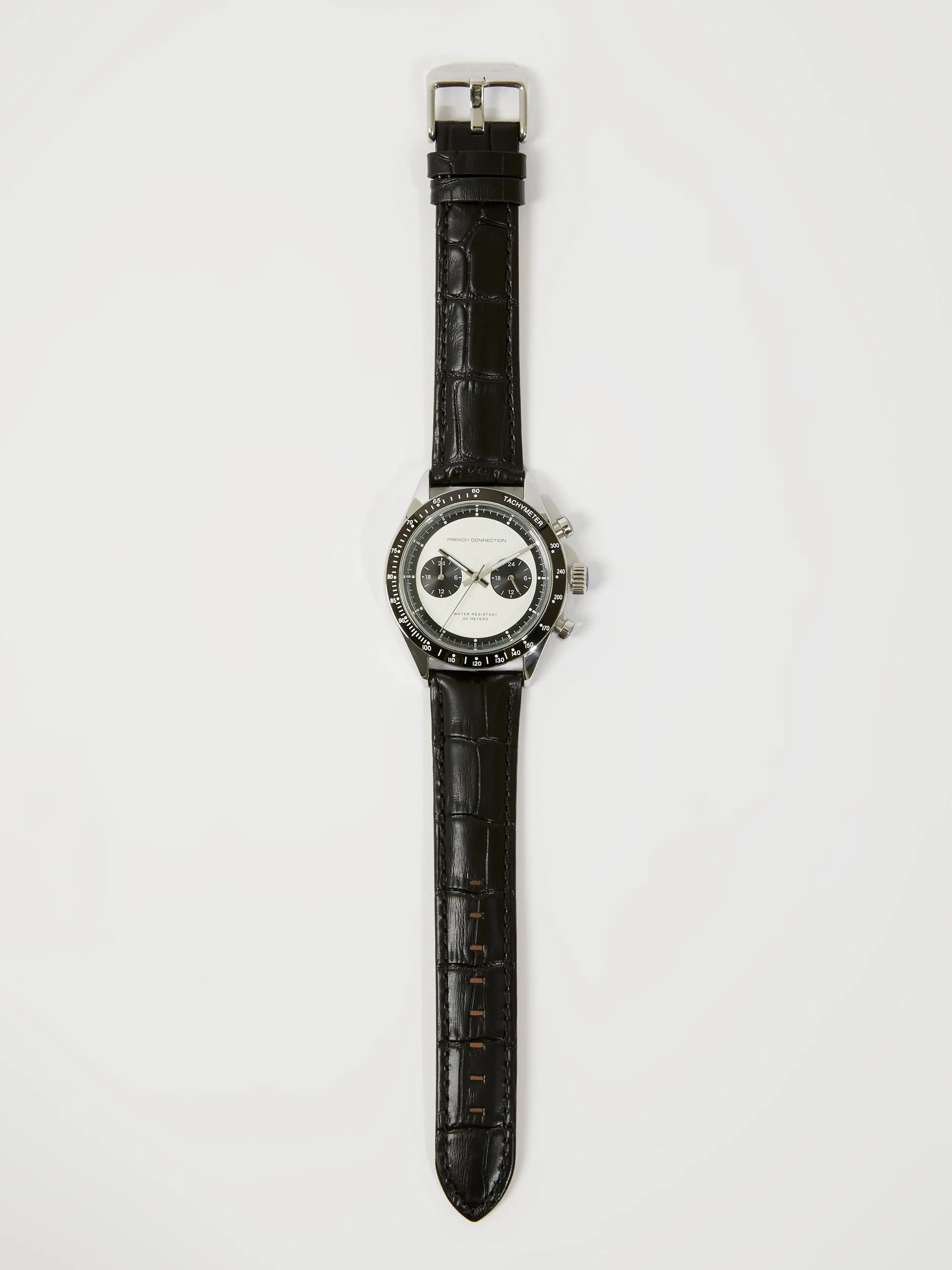 Black Leather Strap Watch with White Dial