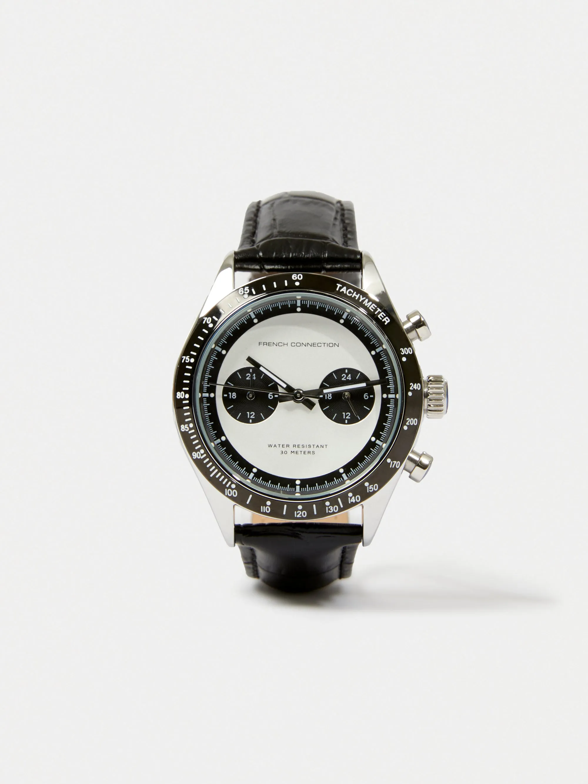 Black Leather Strap Watch with White Dial