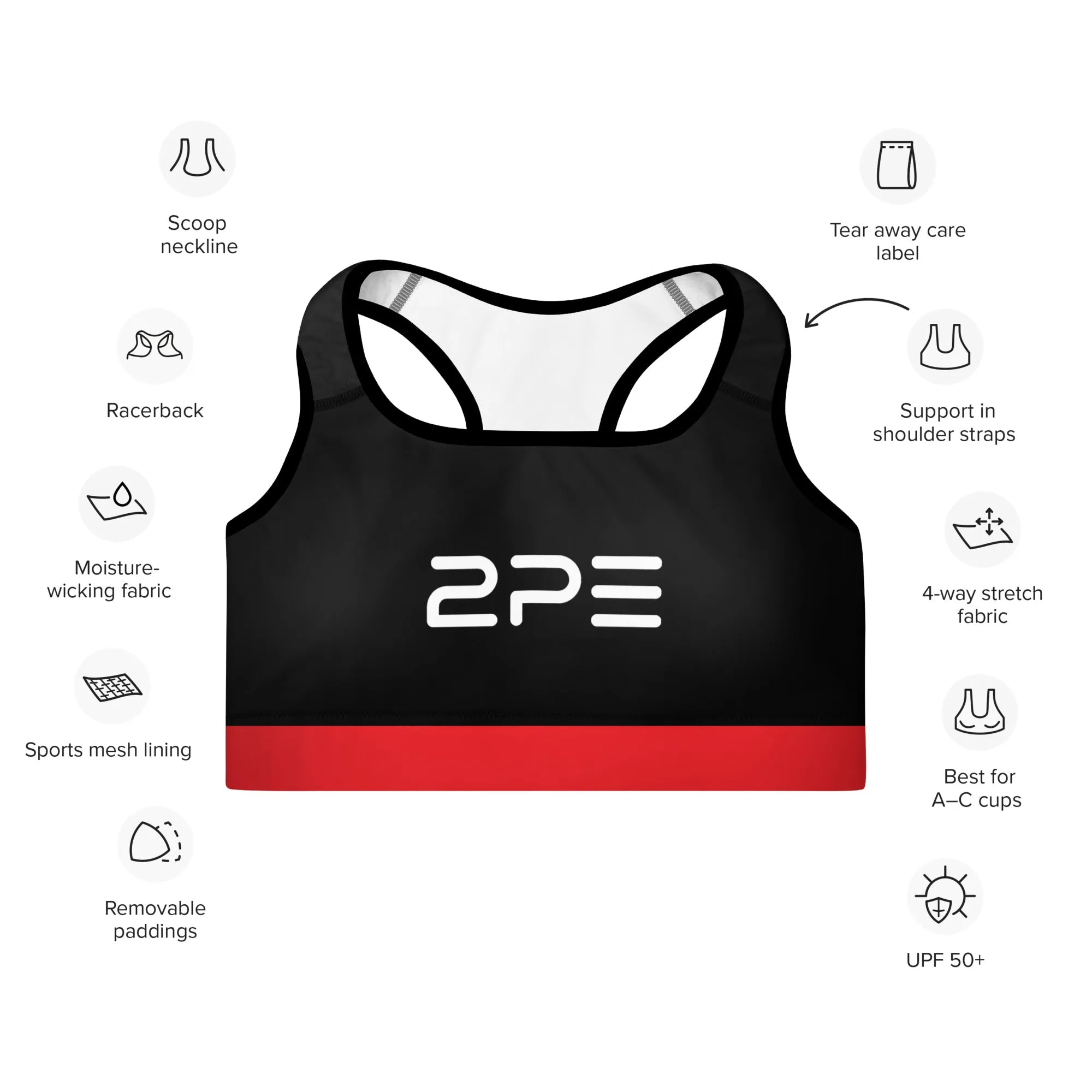 Black with Red  Padded Sports Bra