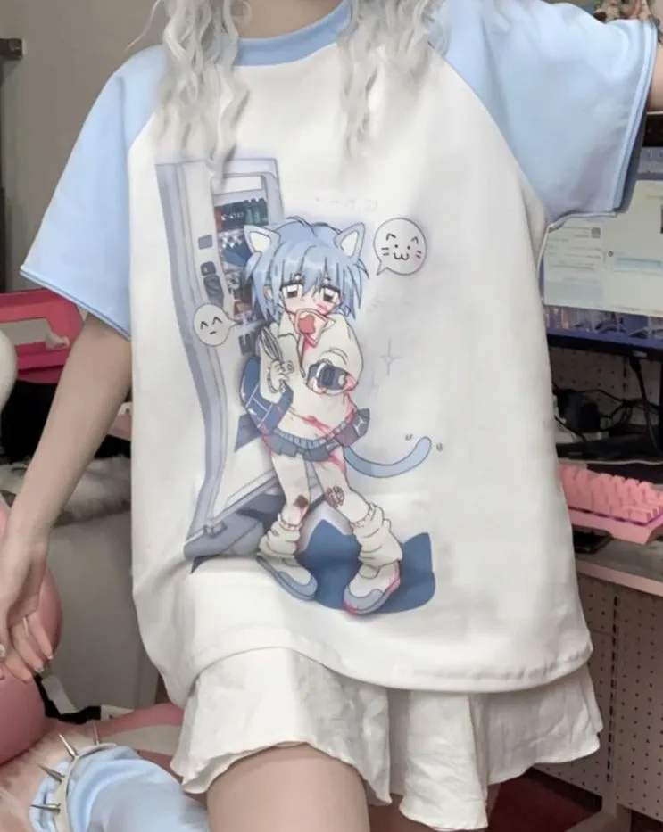 Blue Anime Detachable Sleeve Tee