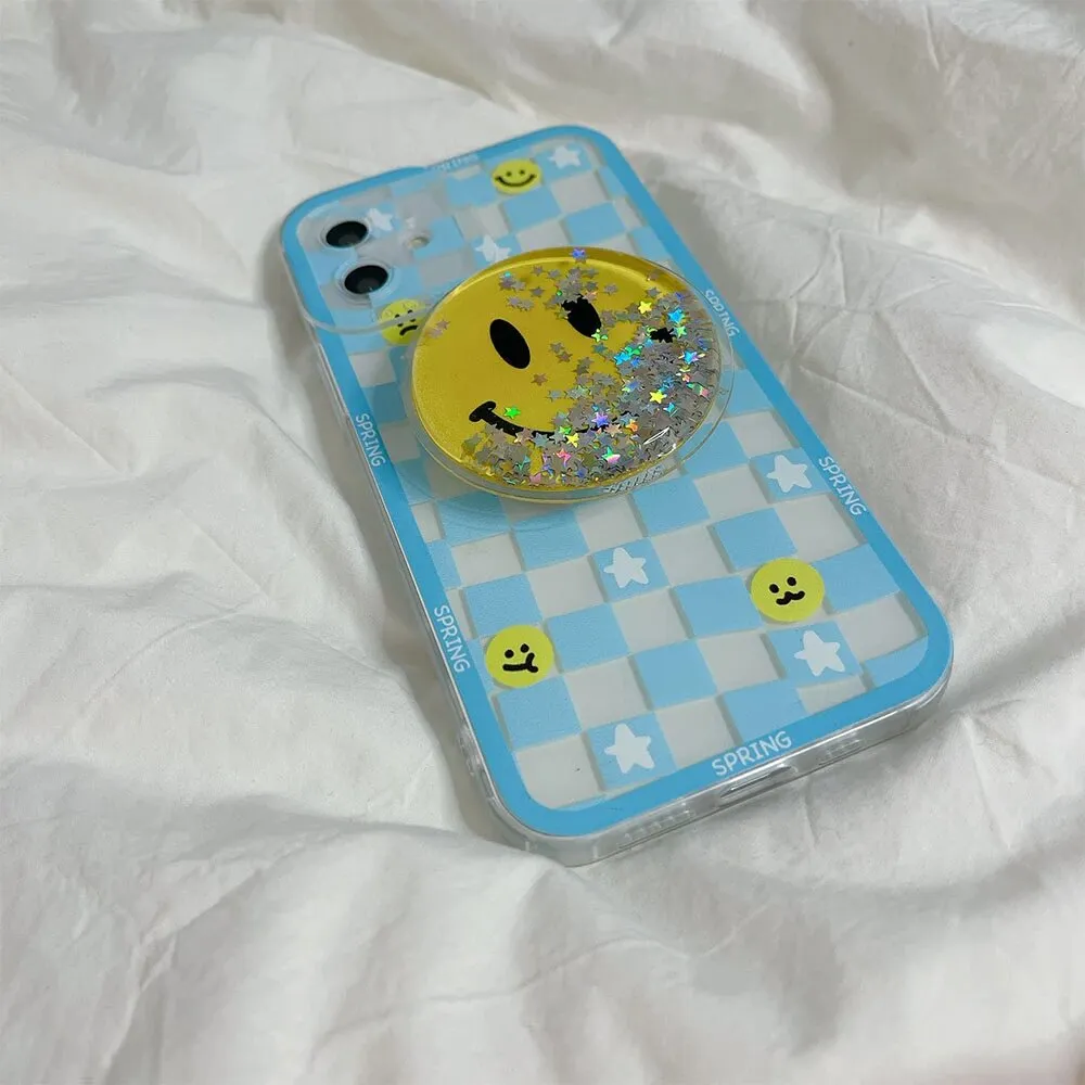 Checkerboard Cartoon Bling Smiley Pop Socket Case