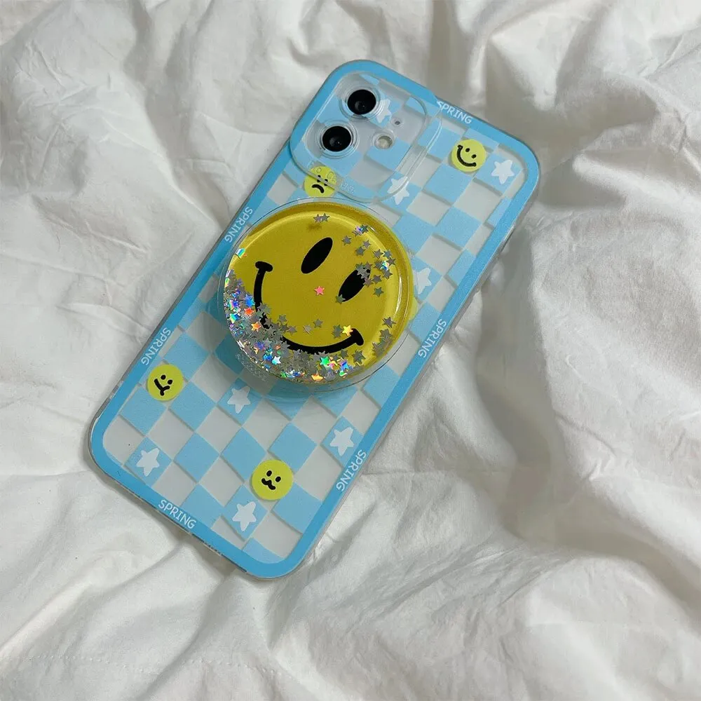 Checkerboard Cartoon Bling Smiley Pop Socket Case