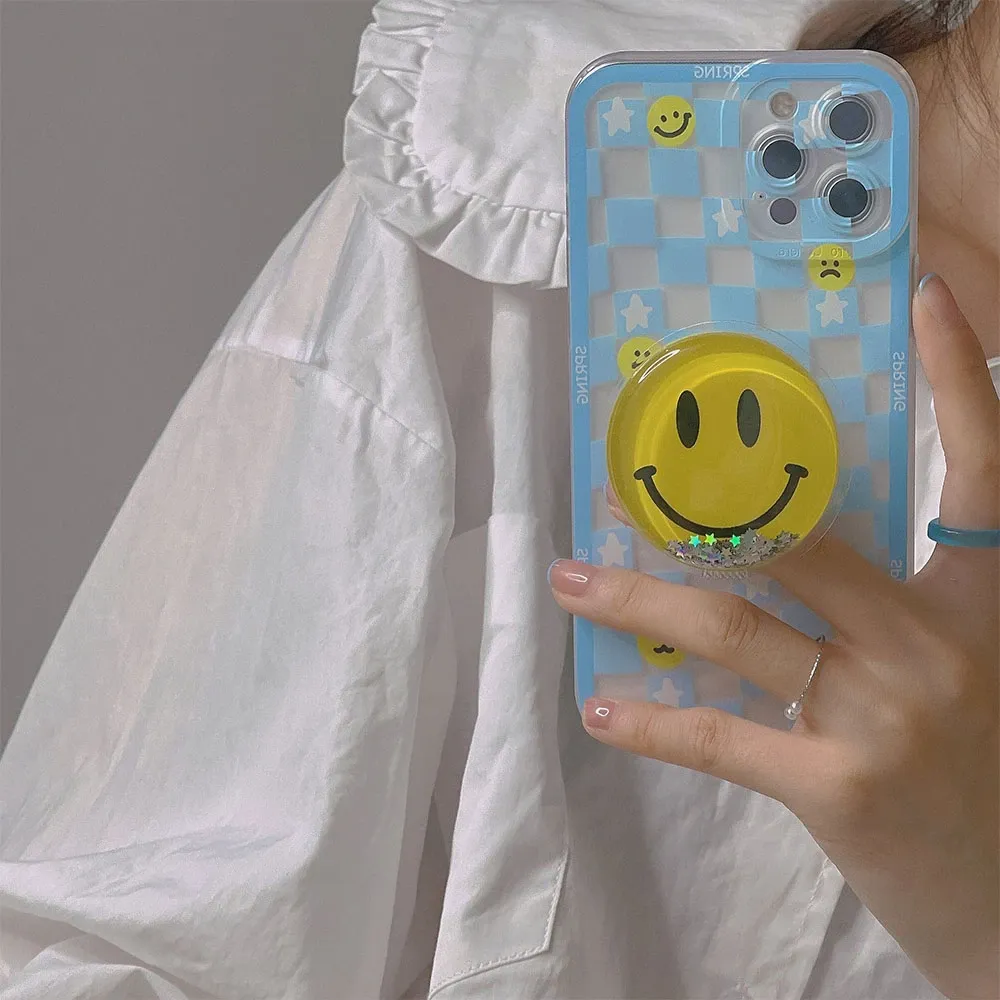 Checkerboard Cartoon Bling Smiley Pop Socket Case