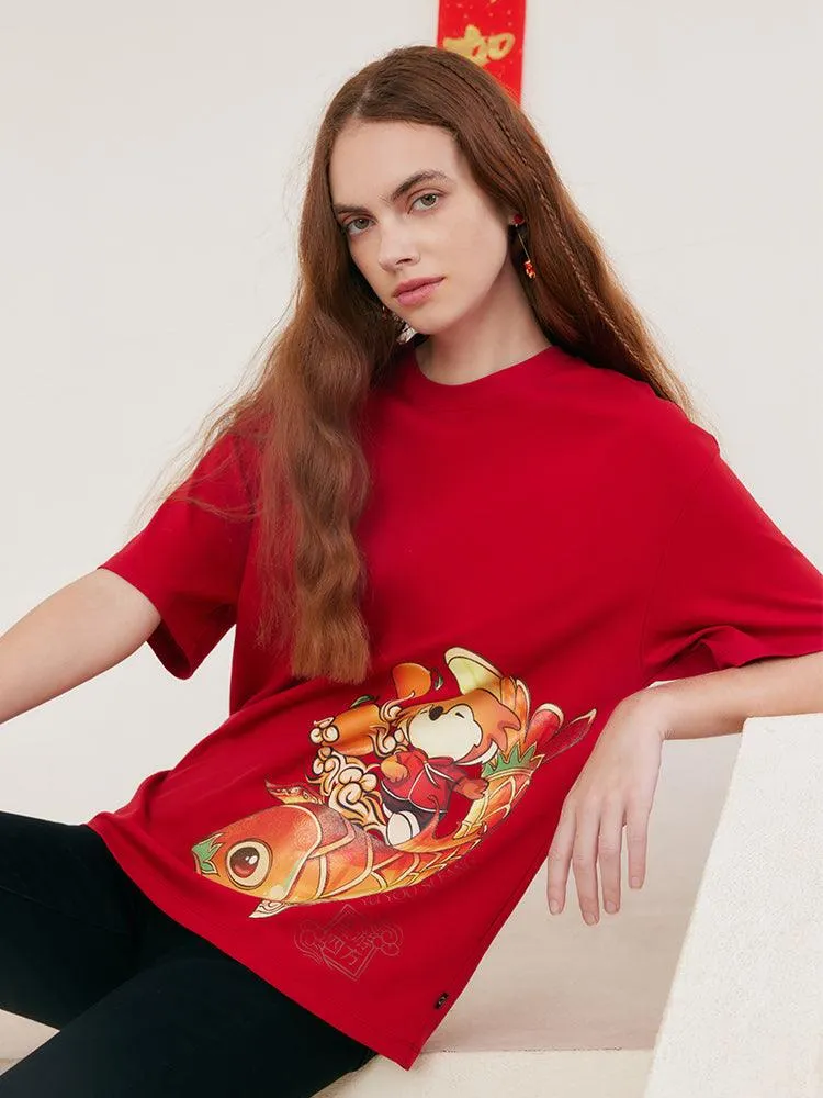 China Red Cartoon Print T-shirt