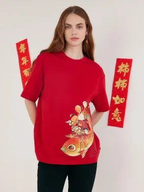 China Red Cartoon Print T-shirt