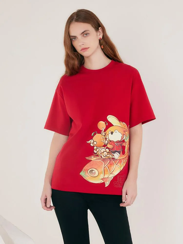 China Red Cartoon Print T-shirt