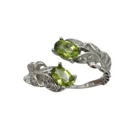 Fashion Leaf Peridot Open Ring - 925 Sterling Silver