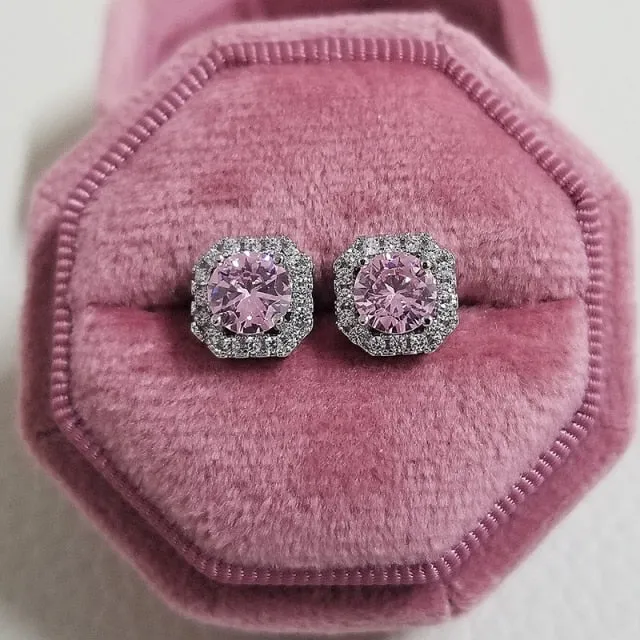 Fashion Luxury 925 Sterling Silver & Pink CZ Drop Studs