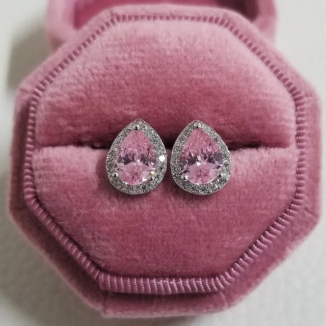 Fashion Luxury 925 Sterling Silver & Pink CZ Drop Studs