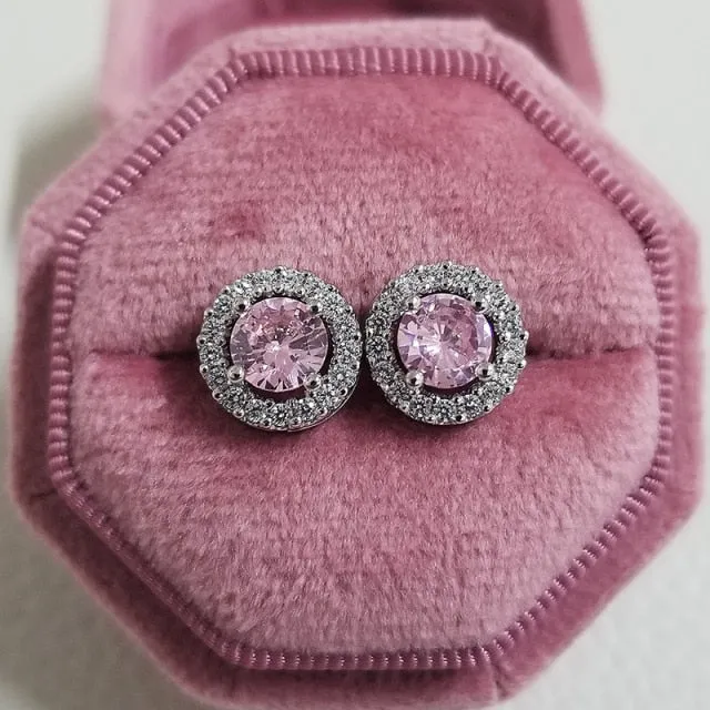 Fashion Luxury 925 Sterling Silver & Pink CZ Drop Studs