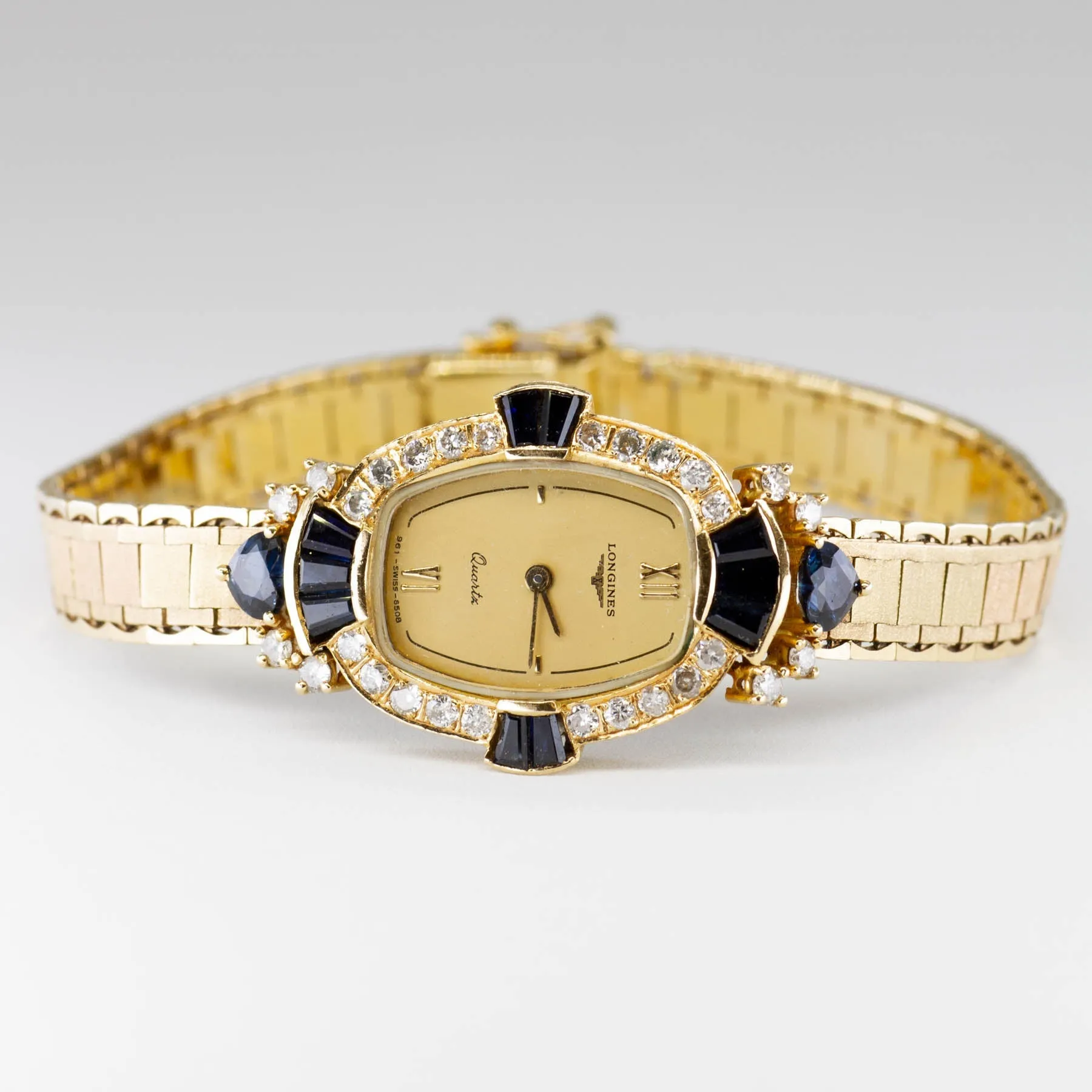 'Longines' Vintage 18k Sapphire and Diamond Watch | 2.00 ctw, 0.60 ctw | 7.5"