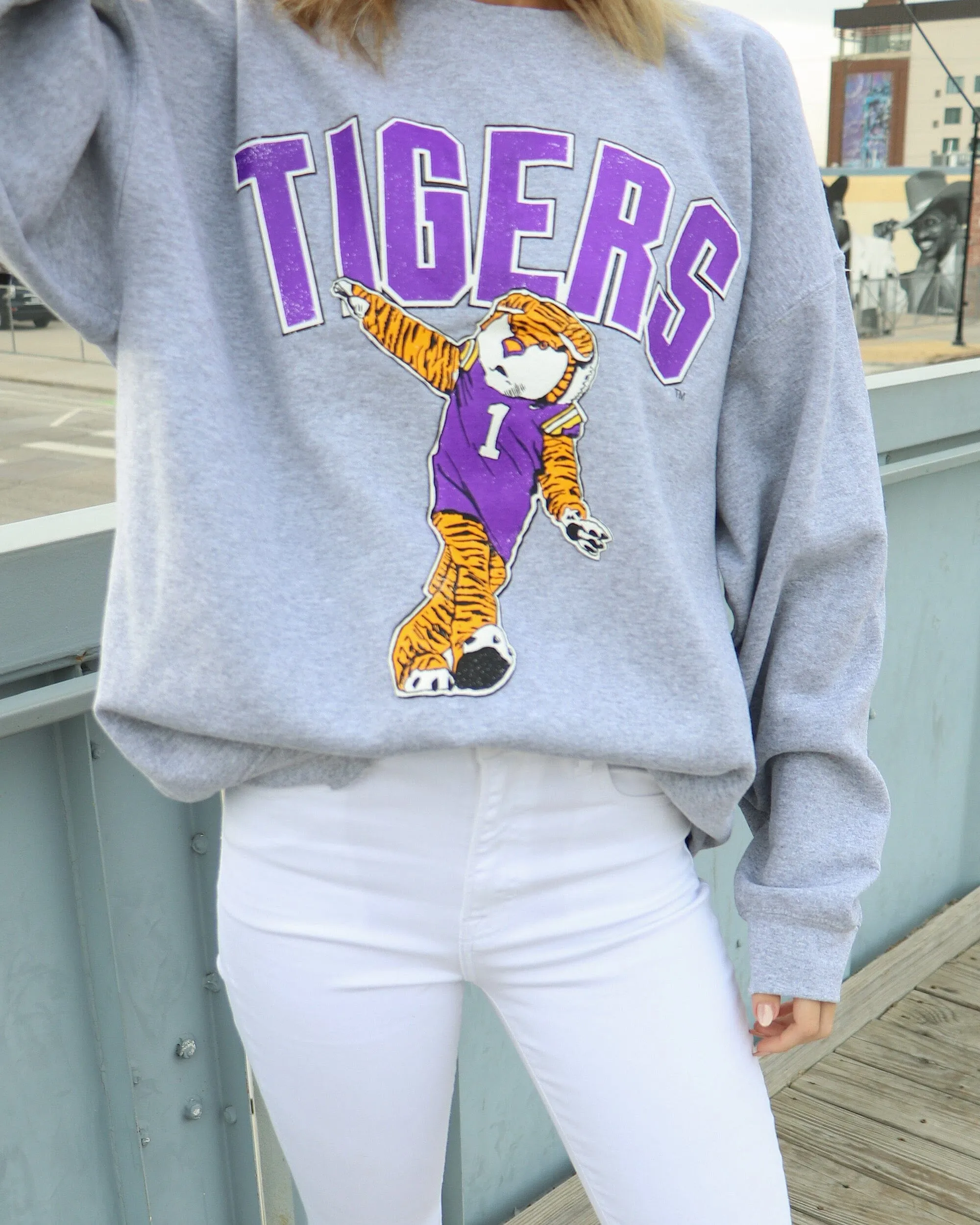 LSU Tigers Cartoon Mascot Puff Ink Gray Thrifted Sweatshirt