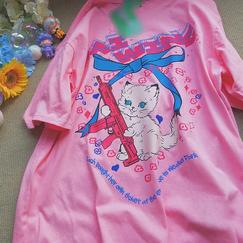 T-Shirt With Cartoon Cat Print