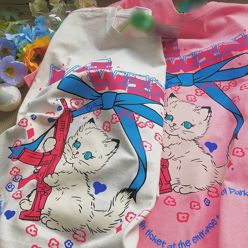 T-Shirt With Cartoon Cat Print