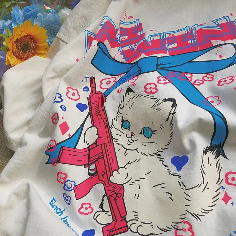 T-Shirt With Cartoon Cat Print